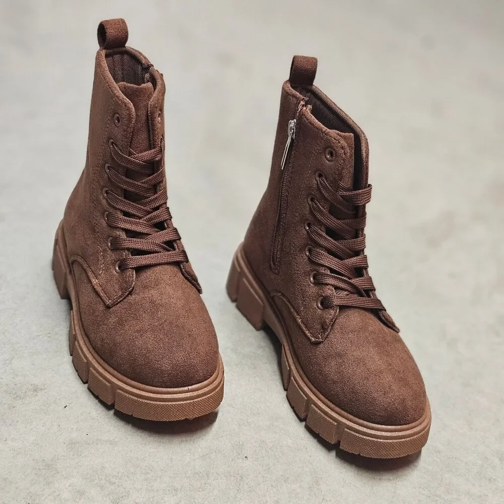 Chunky Sole Brown Faux Suede Combat Boots With Side Zipper & Lace-Up Closure For - Picture 6 of 13